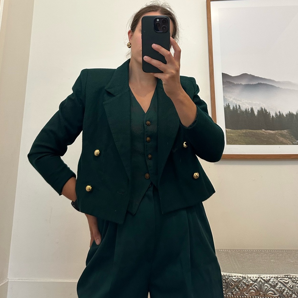Vintage Green Double-Breasted Women's Cropped Blazer